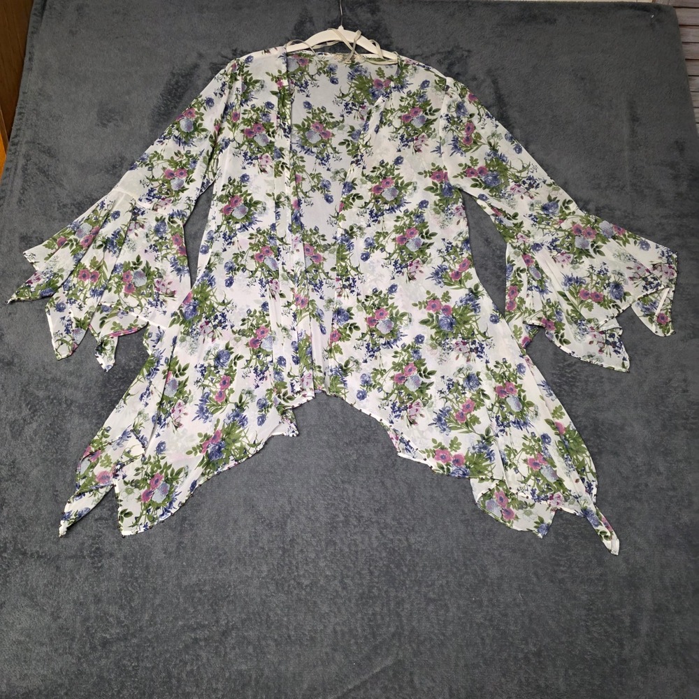 Floral Sheer Cardigan Womens M Tiered Bell Sleeve Handkerchief Hem M Fairy Boho
